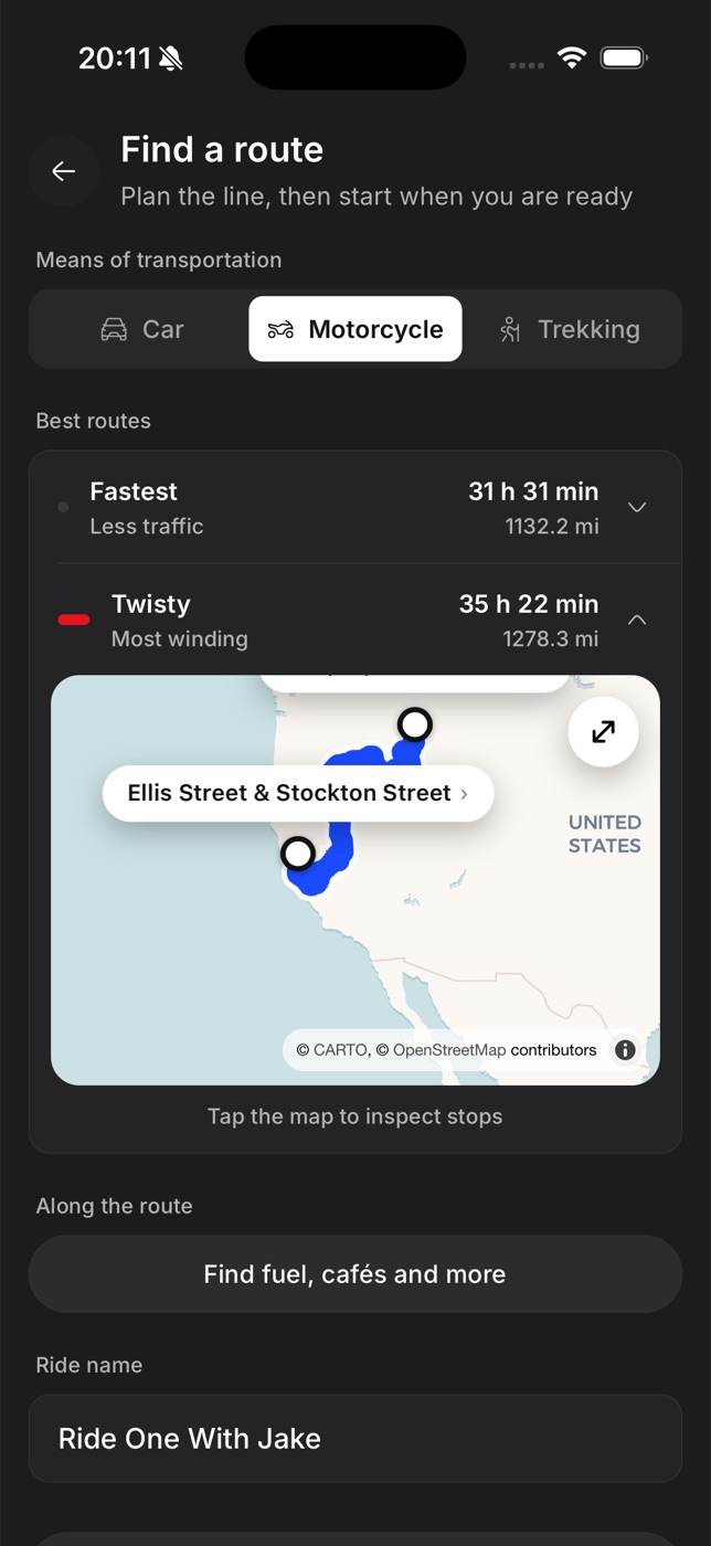 Find a route screen comparing fastest and twisty routes