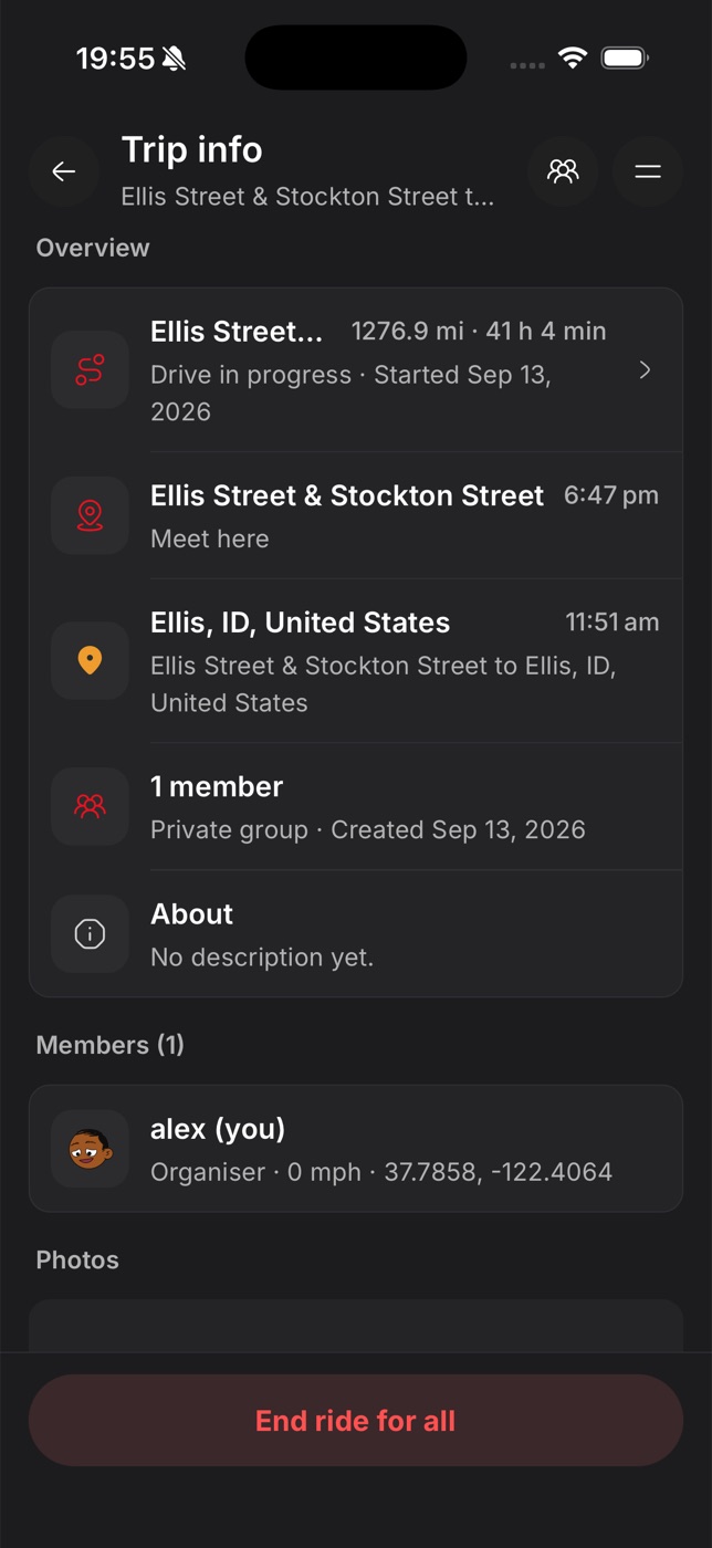 Trip info screen with meeting point, destination and members