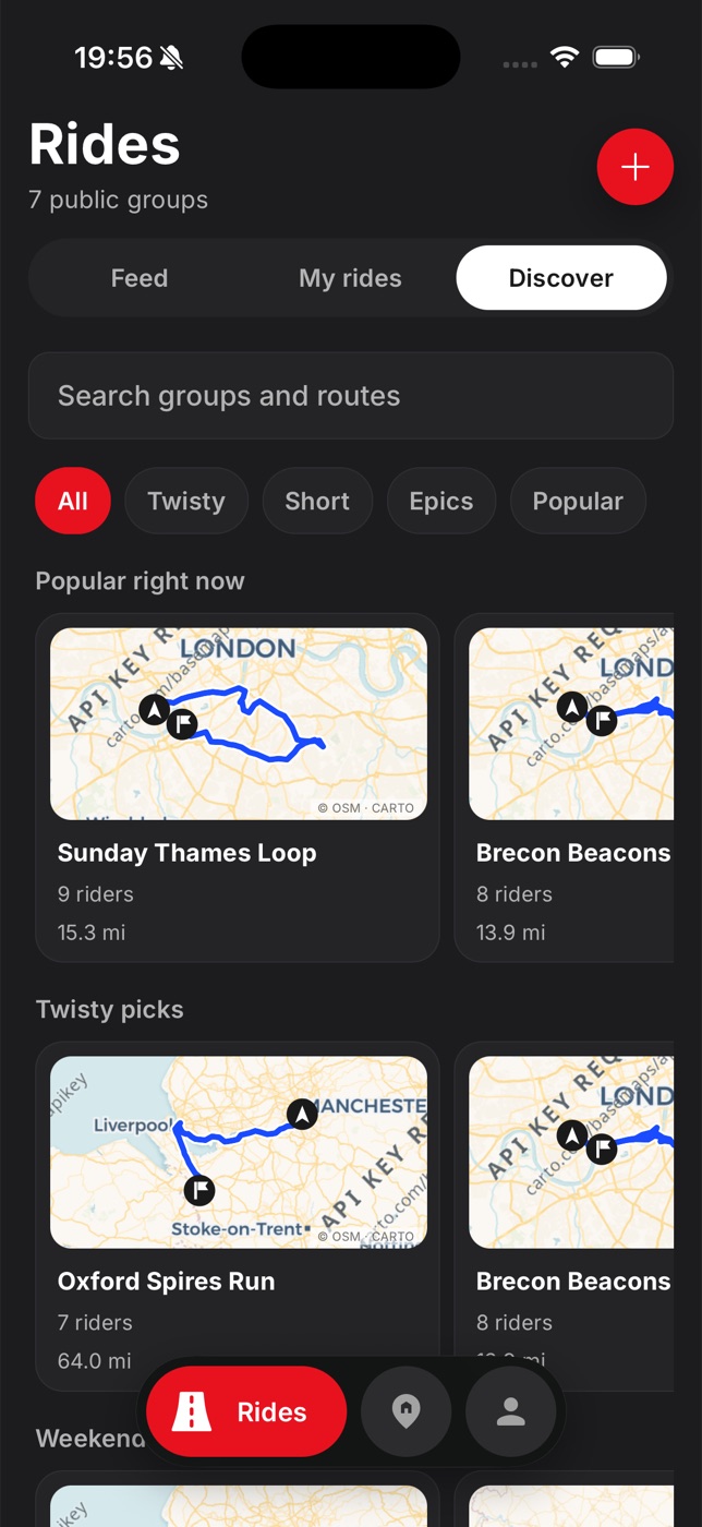 Discover screen with popular and twisty routes