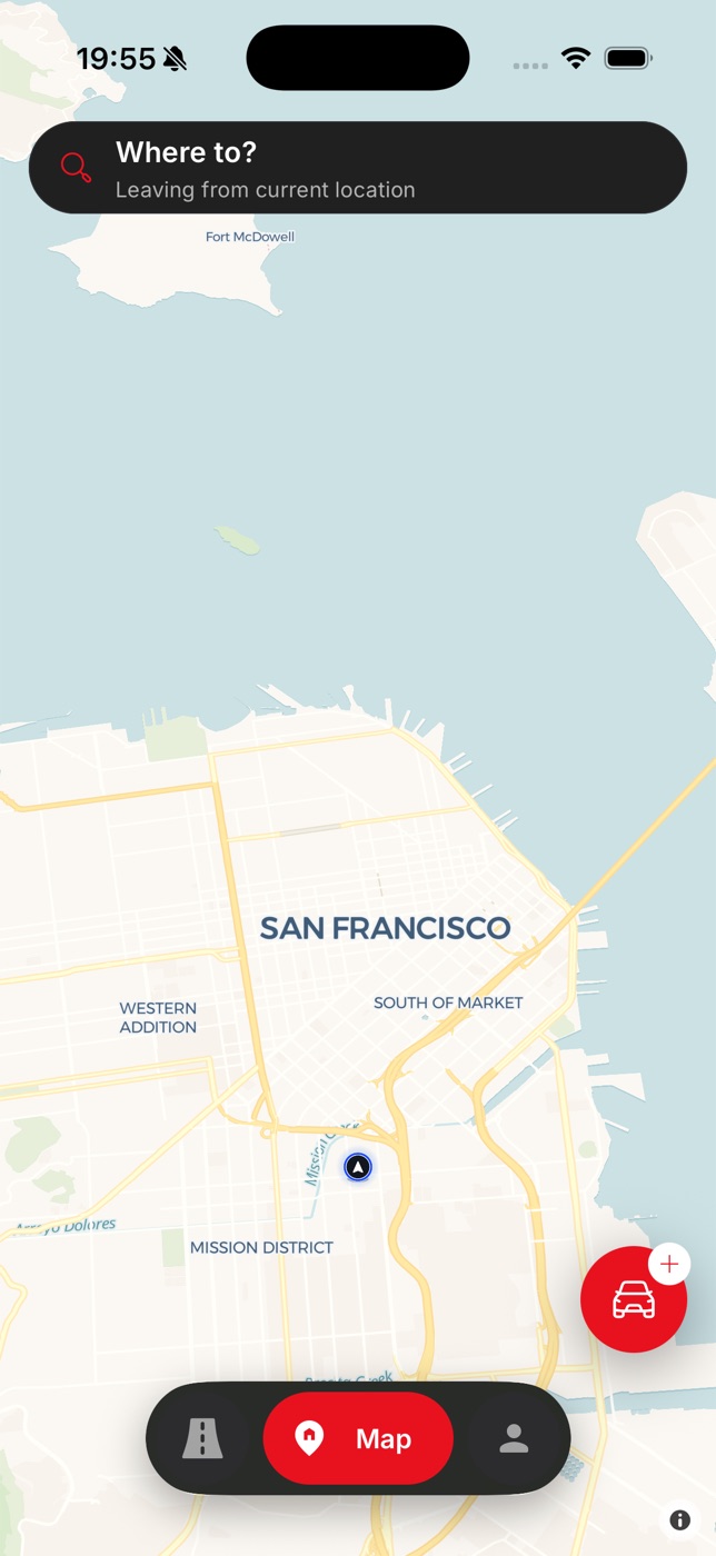 Map home screen with Where to? search